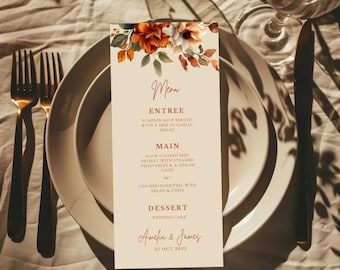 Terracotta Wedding Menu Template: Elegant Fall Reception (Canva Editable, Instant Download)