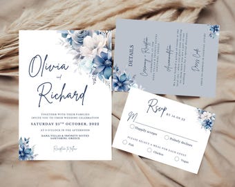 May include: Wedding invitation suite featuring a floral design in shades of blue and white. The invitation includes the names "Olivia and Richard", event details, and an RSVP card. The suite is designed for a wedding celebration.