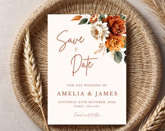 Modèle "Retenez cette date" automne terre cuite et rouille | Faire-part de mariage d'automne | Téléchargement sur toile modifiable