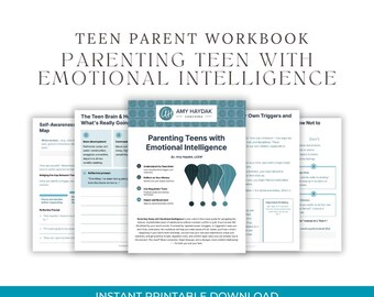Puede incluir: Un cuaderno de trabajo titulado "Parenting Teens with Emotional Intelligence" con una cubierta turquesa y blanca. El cuaderno de trabajo está rodeado de otras páginas con texto y gráficos. También son visibles las palabras "Teen Parent Workbook" y "Instant Printable Download".
