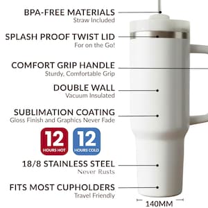 Pode incluir: Caneca t&eacute;rmica branca com al&ccedil;a, medindo 25,4 cm de altura e 14 cm de largura. Possui tampa girat&oacute;ria &agrave; prova de respingos, al&ccedil;a de f&aacute;cil manuseio e isolamento a v&aacute;cuo de parede dupla. Mant&eacute;m as bebidas quentes ou frias por 12 horas. Feita de a&ccedil;o inoxid&aacute;vel.