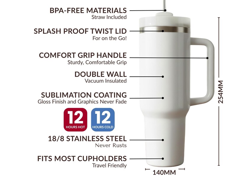 Pode incluir: Caneca t&eacute;rmica branca com al&ccedil;a, medindo 25,4 cm de altura e 14 cm de largura. Possui tampa girat&oacute;ria &agrave; prova de respingos, al&ccedil;a de f&aacute;cil manuseio e isolamento a v&aacute;cuo de parede dupla. Mant&eacute;m as bebidas quentes ou frias por 12 horas. Feita de a&ccedil;o inoxid&aacute;vel.