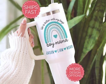 Personalized Boy Mama Tumbler With Name, Boy Mom Gift, Custom 40 oz Travel Mug, 20 oz Skinny Cup, Baby Shower Gift for Mom