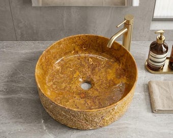 PREIMUM !! Red Marble Round Vessel Sink, Polished Natural Stone Basin