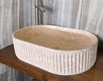 Cream Marble Vessel Sink, Hand Carved Natural