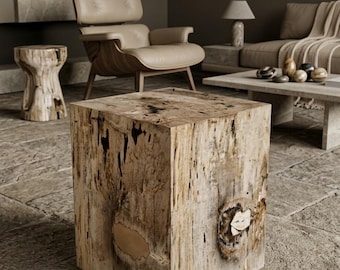 Taburete artesanal de madera petrificada, mesa auxiliar rústica, decoración natural para el hogar / taburete decorativo de piedra natural