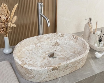 Creme Marmor Waschbecken, Waschbecken aus poliertem Stein, rechteckiges Waschbecken