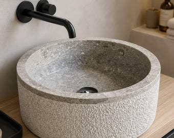 Lavabo redondo de mármol gris, lavabo redondo de 15,7 x 5,9 pulgadas.