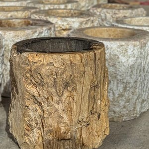 May include: A collection of cylindrical stone planters with a rough, textured exterior. The front planter has a brown, wood-like appearance, while others are a lighter, off-white color. The interior of the planters is a dark, contrasting color.