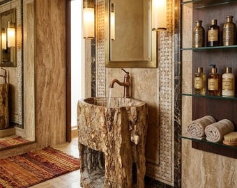 Lavabo de pedestal de madera petrificada – Lavabo de piedra fósil