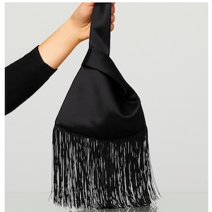 Chic Evening Bag with Fringe - Stylish Clutch for Nights Out, Silk Wristlet Purse, Black Cocktail Handbag for Wedding Guest, Party Bag