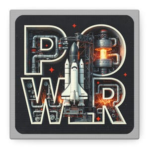 May include: Square artwork with the word "POWER" in white, with a space shuttle and industrial elements integrated into the letters. The background is black with red star accents and a silver border.