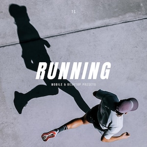 Peut inclure: Vue aérienne d'une personne courant sur du béton, avec une longue ombre. Le mot "RUNNING" est en blanc, avec "MOBILE & DESKTOP PRESETS" en dessous. Le coureur porte une casquette, un short et des chaussures de sport.