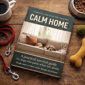 Op de afbeelding: Een boek getiteld "CALM HOME" met een hond op de cover, naast een rode riem, een koffiekopje, een hondenbak en een geel botvormig speeltje. De ondertitel van het boek luidt: "Een praktische overlevingsgids voor honden die in paniek raken als ze alleen worden gelaten."