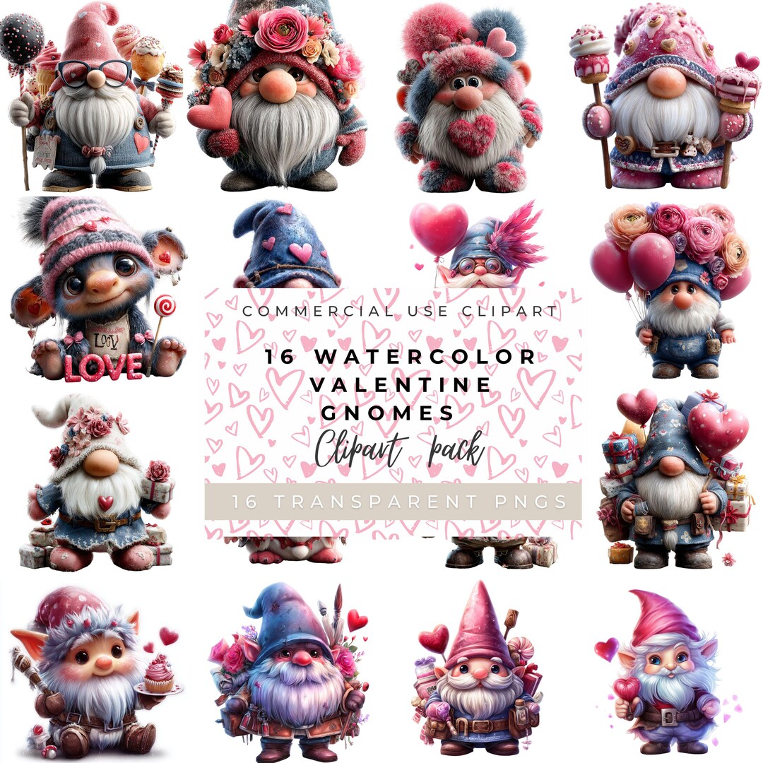 Valentine Gnomes Clipart | 16 Cute Gnomes PNG | Watercolor Gnomes ...