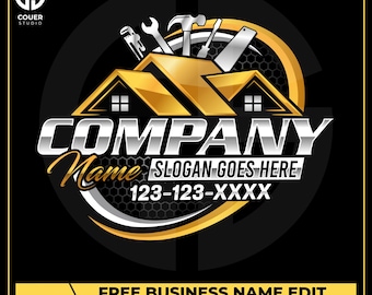 May include: A logo design featuring a golden roof with tools, including a wrench, saw, and hammer. The word "COMPANY" is in bold silver letters, with space for a name, slogan, and phone number. The design is set against a black background.