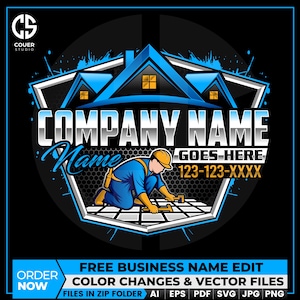 Może przedstawiać: Logo o tematyce budowlanej z niebiesko-białą ikoną domu nad słowami "COMPANY NAME" i "GOES HERE". Przedstawiono robotnika budowlanego układającego płytki. Projekt zawiera tekst "FREE BUSINESS NAME EDIT".