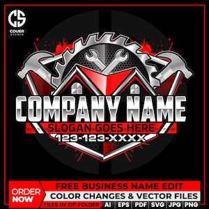 May include: A red, black, and silver logo design featuring a house with tools, including a saw blade, wrenches, and hammers. The text reads "COMPANY NAME" and "SLOGAN GOES HERE" with a phone number. The logo also includes the text "FREE BUSINESS NAME EDIT".