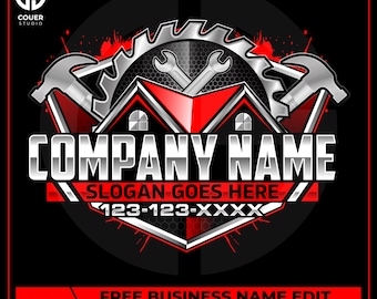 May include: A red, black, and silver logo design featuring a house with tools, including a saw blade, wrenches, and hammers. The text reads "COMPANY NAME" and "SLOGAN GOES HERE" with a phone number. The logo also includes the text "FREE BUSINESS NAME EDIT".