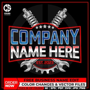 以下が含まれることがあります： 黒と赤のロゴデザイン。白と青で「COMPANY NAME HERE」の文字、赤い縁取り。ショックアブソーバー、レンチ、歯車のイラスト、テキスト「EST. 2023」が含まれています。