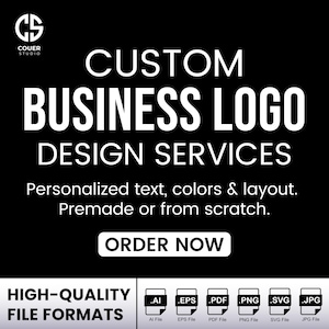 May include: Black graphic with white text promoting custom business logo design services. The text includes "CUSTOM BUSINESS LOGO DESIGN SERVICES" and "ORDER NOW". The image also lists high-quality file formats.