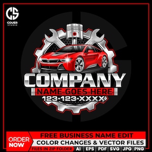 May include: A red sports car graphic with the word "COMPANY" in white, set against a black background. The design includes a gear, wrenches, and a piston, with the text "NAME GOES HERE" and a phone number.