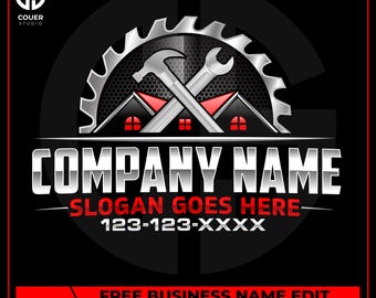 May include: A black and red logo with the text "COMPANY NAME" in silver. The logo features a saw blade, hammer, and wrench above a house design. The text "SLOGAN GOES HERE" and a phone number are below the company name.
