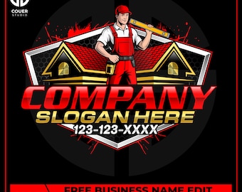 May include: A construction company logo featuring a worker in red overalls holding a level. The logo includes a house design with a red roof, the word "COMPANY" in red, and "SLOGAN HERE" in gold. A phone number is also included.