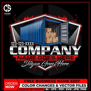 May include: A blue shipping container with open doors, filled with cardboard boxes, is the central image. The design includes the text "COMPANY", "NAME GOES HERE", and "Slogan Goes Here". The image also includes a phone number and the words "ORDER NOW".