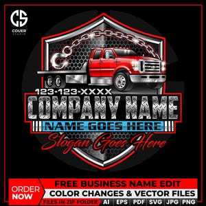Könnte beinhalten: Eine rote Abschleppwagen-Grafik mit einem silbernen Ketten- und Hakendesign. Die Grafik enthält den Text "COMPANY NAME", "NAME GOES HERE" und "Slogan Goes Here". Das Bild enthält auch den Text "FREE BUSINESS NAME EDIT" und "COLOR CHANGES & VECTOR FILES".