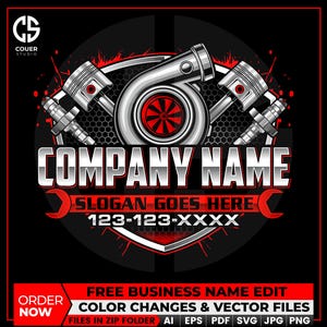 May include: A black and red graphic design featuring a turbocharger, pistons, and spark plugs. The design includes the text "COMPANY NAME", "SLOGAN GOES HERE", and a phone number. The design also includes the text "ORDER NOW" and "FREE BUSINESS NAME EDIT".