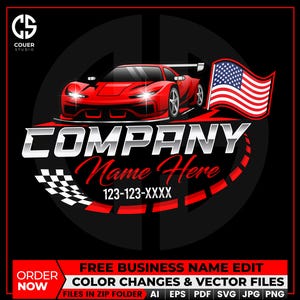 Pode incluir: Gráfico de um carro esportivo vermelho com a bandeira americana em um fundo preto. O design inclui o texto "COMPANY Name Here" e um número de telefone. O logotipo também apresenta uma bandeira quadriculada e as palavras "ORDER NOW".