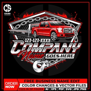 May include: A red pickup truck with a trailer, surrounded by chains and a stylized design. The image includes the text "COMPANY Name GOES HERE" and a phone number. The design is set against a black background with red accents.