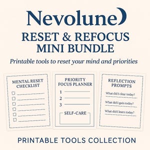 Op de afbeelding: Een digitale productbundel genaamd "RESET & REFOCUS MINI BUNDLE" met het merk "Nevolune". De afbeelding toont drie afdrukbare tools: een checklist voor mentale reset, een prioriteitenplanner en reflectie-prompts. De tekst luidt: "Afdrukbare tools om je geest en prioriteiten te resetten."