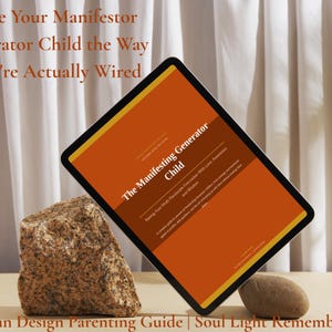 May include: A digital tablet displaying "The Manifesting Generator Child" against a textured rock. The text "Raise Your Manifestor Generator Child the Way They're Actually Wired" is above the tablet. The words "Human Design Parenting Guide | Soul Light Remembrance" are below.
