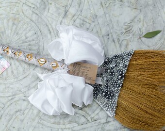 Silver, Gray and White Diamonds and Pearls Jumping Broom