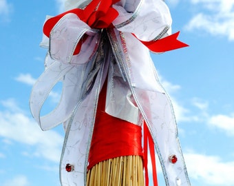 African American Red, White & Silver Wedding Broom decorated with satin bows, ribbons, rhinestones, glass beads and cowrie shell accents