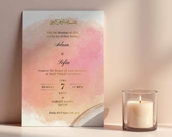 Muslim Wedding Invitation Canva Template | Editable Blush Pink Gold Nikkah Invite  5x7