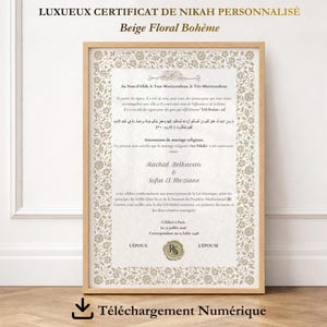 Acte de Nikah Floral Beige Personnalisé / Attestation Mariage Islamique Bohème / PDF A4 A3