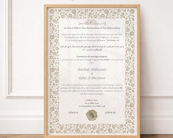 Acte de Nikah Floral Beige Personnalisé | Attestation Mariage Islamique Bohème | PDF A4 A3