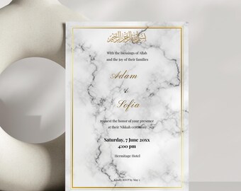 Islamic Wedding Invitation Template | Modern Gold Marble Nikah Canva 5x7