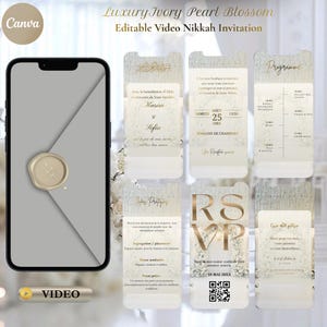 Könnte beinhalten: Ein digitales Einladungsdesign mit einem luxuriösen elfenbeinfarbenen Perlenblüten-Thema. Das Design umfasst ein Smartphone-Modell mit einem Wachssiegel und mehrere Einladungskarten mit goldenem Text. Die Einladung ist für eine Nikkah-Zeremonie.