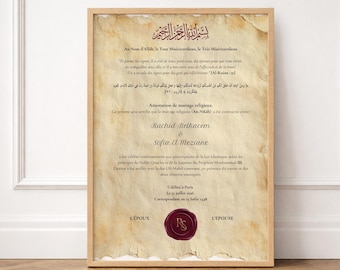 Attestation Personnalisé de Mariage Islamique Parchemin Vieilli Ancien| Diplôme de Nikah Sceau Bordeaux PDF