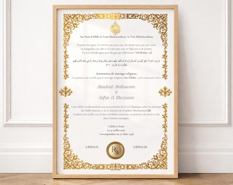 Certificat de Nikah Or et Blanc | Filigrane Floral Luxe | Attestation Mariage Islamique PDF A4 A3