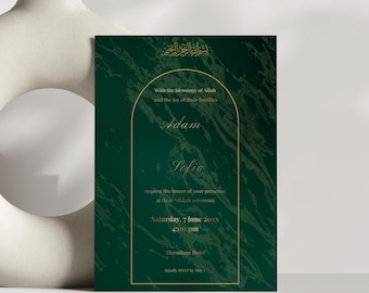 Emerald Green Nikah Invitation Template 5x7 Canva | Arabic Gold Marble Islamic Wedding