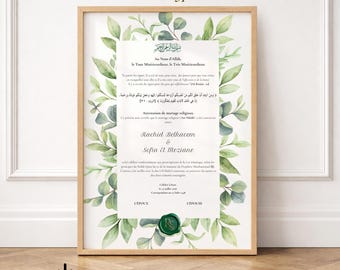 Souvenir Personalisé de Nikah Certificat Eucalyptus | Couronne Végétale Aquarelle | Mariage Islamique Vert PDF