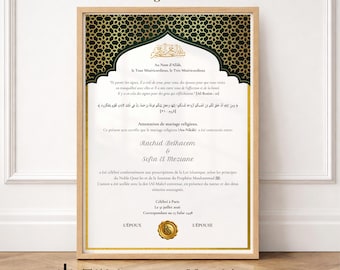 Acte de Nikah Personalisé Noir et Or | Zellige Prestigieux | Attestation Mariage Islamique Luxe PDF