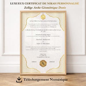 Puede incluir: Un certificado de Nikah personalizado enmarcado, con detalles dorados y escritura árabe. El certificado presenta diseños geométricos ornamentados y los nombres Rachid Belhacem & Sofia El Meziane. El texto incluye "Luxueux Certificat de Nikah Personnalisé".