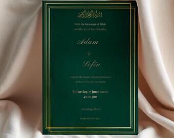 Gold Frame Nikkah Invite Canva | Emerald Green Islamic Wedding Card | Printable