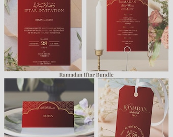 Ramadan Invitation Template Bundle | Iftar Menu Place Cards Gift Tags | Editable Canva Islamic Printables Burgundy Gold